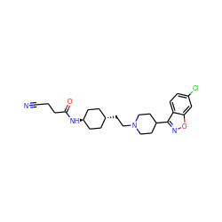 N#CCCC(=O)N[C@H]1CC[C@H](CCN2CCC(c3noc4cc(Cl)ccc34)CC2)CC1 ZINC001772592659