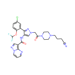 N#CCCCN1CCN(C(=O)Cn2cc(NC(=O)c3cnn4cccnc34)c(-c3cc(Cl)ccc3OC(F)F)n2)CC1 ZINC001772605257