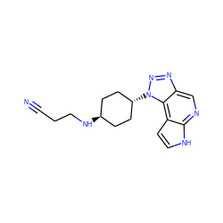 N#CCCN[C@H]1CC[C@H](n2nnc3cnc4[nH]ccc4c32)CC1 ZINC000261104647