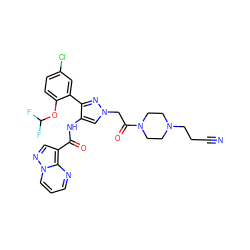 N#CCCN1CCN(C(=O)Cn2cc(NC(=O)c3cnn4cccnc34)c(-c3cc(Cl)ccc3OC(F)F)n2)CC1 ZINC001772629873