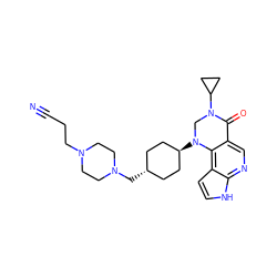 N#CCCN1CCN(C[C@H]2CC[C@H](N3CN(C4CC4)C(=O)c4cnc5[nH]ccc5c43)CC2)CC1 ZINC001772619417