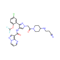 N#CCCNC1CCN(C(=O)Cn2cc(NC(=O)c3cnn4cccnc34)c(-c3cc(Cl)ccc3OC(F)F)n2)CC1 ZINC001772569955