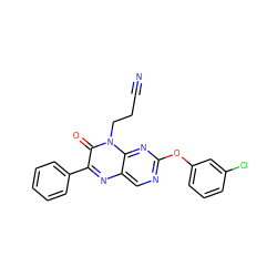 N#CCCn1c(=O)c(-c2ccccc2)nc2cnc(Oc3cccc(Cl)c3)nc21 ZINC000004238350
