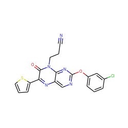 N#CCCn1c(=O)c(-c2cccs2)nc2cnc(Oc3cccc(Cl)c3)nc21 ZINC000004238537