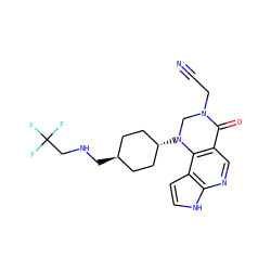 N#CCN1CN([C@H]2CC[C@H](CNCC(F)(F)F)CC2)c2c(cnc3[nH]ccc23)C1=O ZINC001772582917