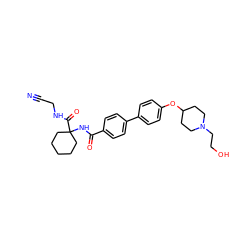 N#CCNC(=O)C1(NC(=O)c2ccc(-c3ccc(OC4CCN(CCO)CC4)cc3)cc2)CCCCC1 ZINC000013676338