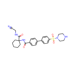 N#CCNC(=O)C1(NC(=O)c2ccc(-c3ccc(S(=O)(=O)N4CCNCC4)cc3)cc2)CCCCC1 ZINC000013676348