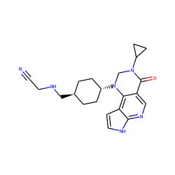 N#CCNC[C@H]1CC[C@H](N2CN(C3CC3)C(=O)c3cnc4[nH]ccc4c32)CC1 ZINC001772614808