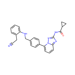 N#CCc1ccccc1NCc1ccc(-c2cccc3nc(NC(=O)C4CC4)nn23)cc1 ZINC000118396653