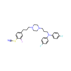 N#CSc1ccc(CCCN2CCN(CCCN(c3ccc(F)cc3)c3ccc(F)cc3)CC2)cc1I ZINC000028636495