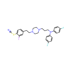 N#CSc1ccc(CCN2CCN(CCCN(c3ccc(F)cc3)c3ccc(F)cc3)CC2)cc1I ZINC000028636662