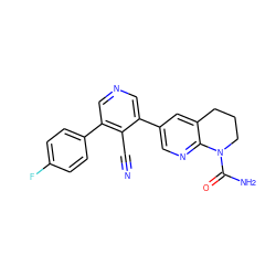 N#Cc1c(-c2ccc(F)cc2)cncc1-c1cnc2c(c1)CCCN2C(N)=O ZINC000221403138
