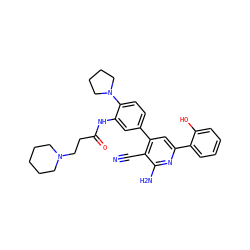 N#Cc1c(-c2ccc(N3CCCC3)c(NC(=O)CCN3CCCCC3)c2)cc(-c2ccccc2O)nc1N ZINC000013488200