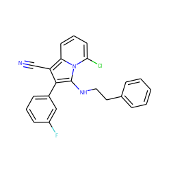 N#Cc1c(-c2cccc(F)c2)c(NCCc2ccccc2)n2c(Cl)cccc12 ZINC000034849736