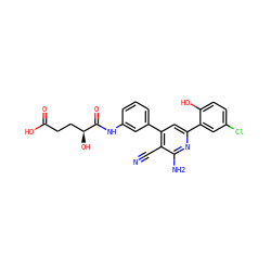 N#Cc1c(-c2cccc(NC(=O)[C@@H](O)CCC(=O)O)c2)cc(-c2cc(Cl)ccc2O)nc1N ZINC000013488185