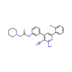 N#Cc1c(-c2cccc(NC(=O)CN3CCCCC3)c2)cc(-c2ccccc2O)nc1N ZINC000013488172