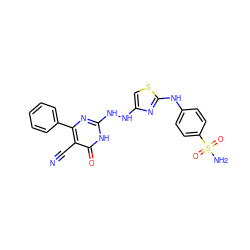 N#Cc1c(-c2ccccc2)nc(NNc2csc(Nc3ccc(S(N)(=O)=O)cc3)n2)[nH]c1=O ZINC000653836220