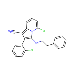 N#Cc1c(-c2ccccc2Cl)c(NCCc2ccccc2)n2c(Cl)cccc12 ZINC000036185208