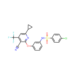 N#Cc1c(C(F)(F)F)cc(C2CC2)nc1Oc1cccc(NS(=O)(=O)c2ccc(Cl)cc2)c1 ZINC000096271598