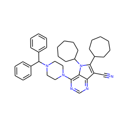 N#Cc1c(C2CCCCCC2)n(C2CCCCCC2)c2c(N3CCN(C(c4ccccc4)c4ccccc4)CC3)ncnc12 ZINC000653856965