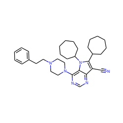 N#Cc1c(C2CCCCCC2)n(C2CCCCCC2)c2c(N3CCN(CCc4ccccc4)CC3)ncnc12 ZINC000653912872