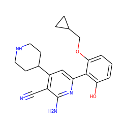 N#Cc1c(C2CCNCC2)cc(-c2c(O)cccc2OCC2CC2)nc1N ZINC000006718453