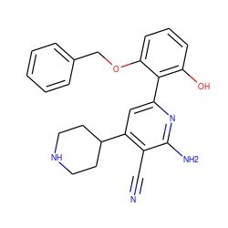 N#Cc1c(C2CCNCC2)cc(-c2c(O)cccc2OCc2ccccc2)nc1N ZINC000028367932