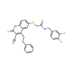 N#Cc1c(CCc2ccccc2)c2cc(OCC(=O)NCc3ccc(Cl)c(Cl)c3)ccc2[nH]c1=O ZINC000064559813