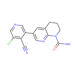 N#Cc1c(Cl)cncc1-c1cnc2c(c1)CCCN2C(N)=O ZINC000221397681