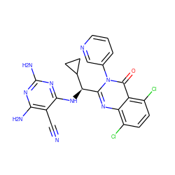 N#Cc1c(N)nc(N)nc1N[C@H](c1nc2c(Cl)ccc(Cl)c2c(=O)n1-c1cccnc1)C1CC1 ZINC000220883850