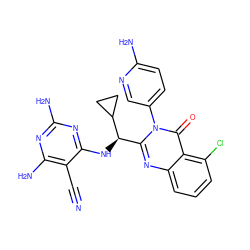 N#Cc1c(N)nc(N)nc1N[C@H](c1nc2cccc(Cl)c2c(=O)n1-c1ccc(N)nc1)C1CC1 ZINC000220871514