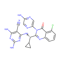 N#Cc1c(N)nc(N)nc1N[C@H](c1nc2cccc(Cl)c2c(=O)n1-c1cnc(N)cn1)C1CC1 ZINC001772645577