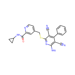 N#Cc1c(N)nc(SCc2ccnc(C(=O)NC3CC3)c2)c(C#N)c1-c1ccccc1 ZINC000146823719