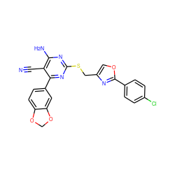 N#Cc1c(N)nc(SCc2coc(-c3ccc(Cl)cc3)n2)nc1-c1ccc2c(c1)OCO2 ZINC000169312301