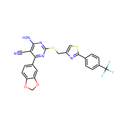 N#Cc1c(N)nc(SCc2csc(-c3ccc(C(F)(F)F)cc3)n2)nc1-c1ccc2c(c1)OCO2 ZINC000169312320