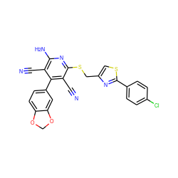 N#Cc1c(N)nc(SCc2csc(-c3ccc(Cl)cc3)n2)c(C#N)c1-c1ccc2c(c1)OCO2 ZINC000473136379