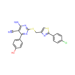 N#Cc1c(N)nc(SCc2csc(-c3ccc(Cl)cc3)n2)nc1-c1ccc(O)cc1 ZINC000169312295