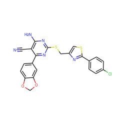 N#Cc1c(N)nc(SCc2csc(-c3ccc(Cl)cc3)n2)nc1-c1ccc2c(c1)OCO2 ZINC000169312300