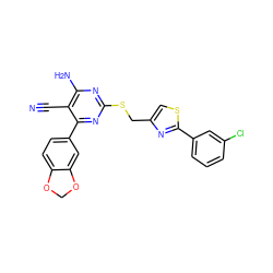 N#Cc1c(N)nc(SCc2csc(-c3cccc(Cl)c3)n2)nc1-c1ccc2c(c1)OCO2 ZINC000169312314