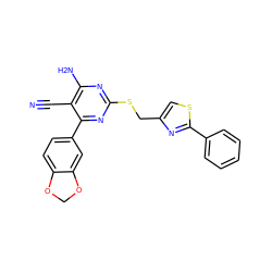 N#Cc1c(N)nc(SCc2csc(-c3ccccc3)n2)nc1-c1ccc2c(c1)OCO2 ZINC000169312322