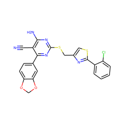 N#Cc1c(N)nc(SCc2csc(-c3ccccc3Cl)n2)nc1-c1ccc2c(c1)OCO2 ZINC000169312317