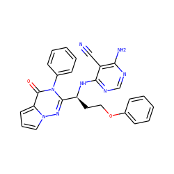 N#Cc1c(N)ncnc1N[C@@H](CCOc1ccccc1)c1nn2cccc2c(=O)n1-c1ccccc1 ZINC000209045640