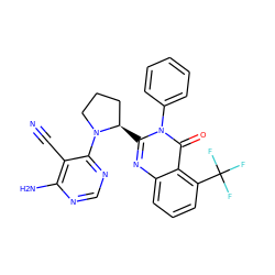 N#Cc1c(N)ncnc1N1CCC[C@H]1c1nc2cccc(C(F)(F)F)c2c(=O)n1-c1ccccc1 ZINC000221190506