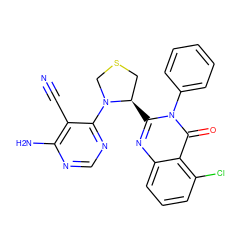 N#Cc1c(N)ncnc1N1CSC[C@H]1c1nc2cccc(Cl)c2c(=O)n1-c1ccccc1 ZINC000221349933