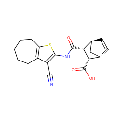 N#Cc1c(NC(=O)[C@H]2[C@@H](C(=O)O)[C@H]3C=C[C@H]2C3)sc2c1CCCCC2 ZINC000100507829