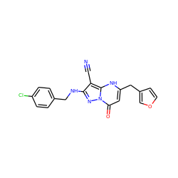 N#Cc1c(NCc2ccc(Cl)cc2)nn2c(=O)cc(Cc3ccoc3)[nH]c12 ZINC000473249361