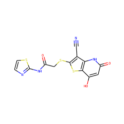 N#Cc1c(SCC(=O)Nc2nccs2)sc2c(O)cc(=O)[nH]c12 ZINC000013119382