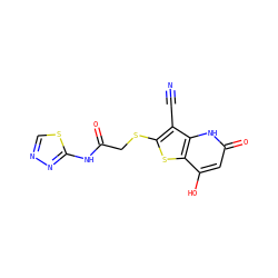 N#Cc1c(SCC(=O)Nc2nncs2)sc2c(O)cc(=O)[nH]c12 ZINC000013119383