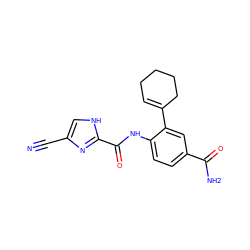 N#Cc1c[nH]c(C(=O)Nc2ccc(C(N)=O)cc2C2=CCCCC2)n1 ZINC000103290035