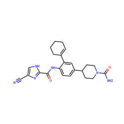 N#Cc1c[nH]c(C(=O)Nc2ccc(C3CCN(C(N)=O)CC3)cc2C2=CCCCC2)n1 ZINC000034642206